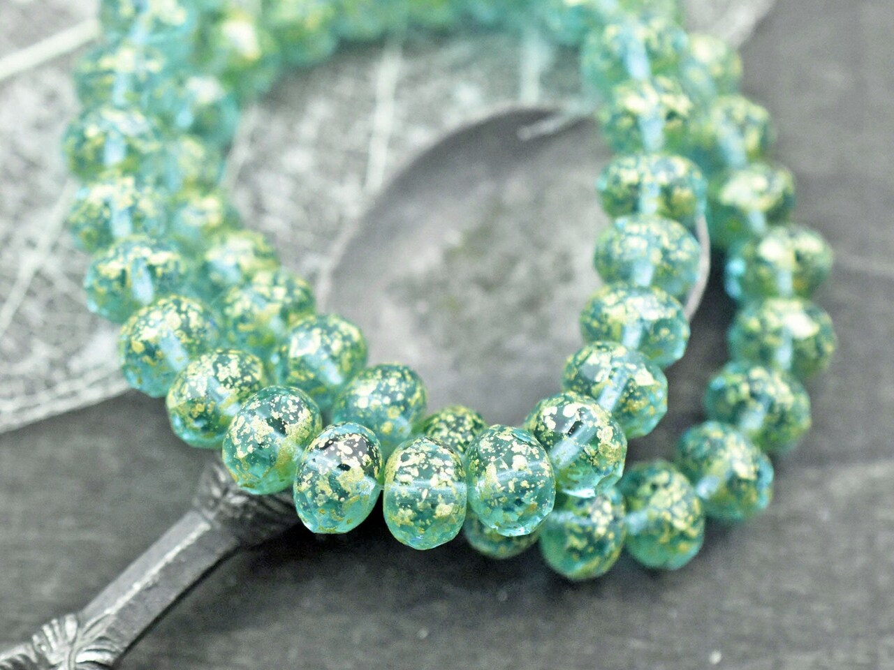 *25* 6x9mm Antique Gold Washed Green Aqua Fire Polished Rondelle Beads